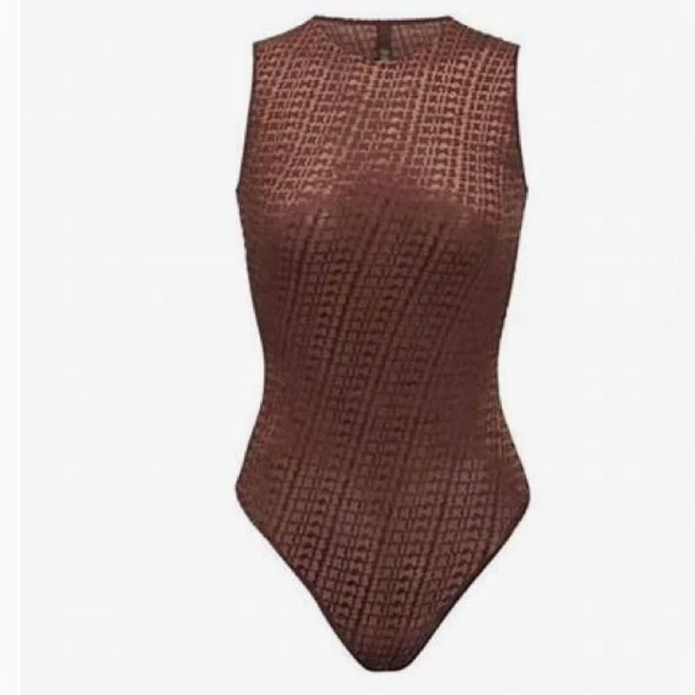 New AUTH SKIMS logo velvet sheer bodysuit large L COCOA or Walnut color nwot